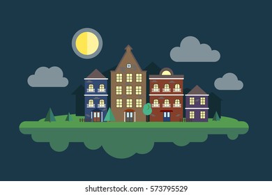 Flying cozy city. Moon night.