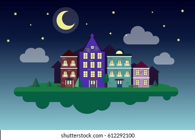 Flying cozy city. Moon night. Night small town. Starlight Night