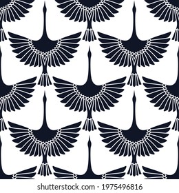 Flying crane bird. Seamless pattern. Vector wallpaper. Oriental background.