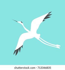 Flying crane bird stylized for icon, logo or emblem.  Vector illustration on the blue background.