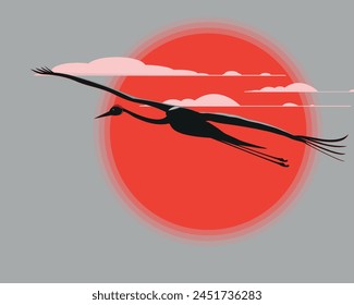 Flying crane. Japanese red crowned bird. Sun with rays	