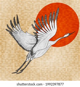 Flying crane Japanese style, seamless illustration