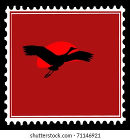 flying crane on postage stamps. vector