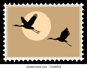 flying crane on postage stamps. vector