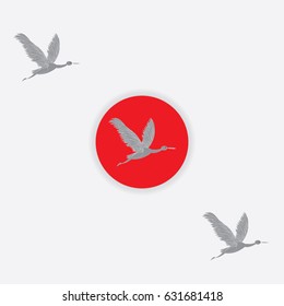Flying cranes red sun on white background art creative modern abstract vector illustration