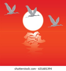 Flying cranes white sun on red background art creative modern abstract vector illustration
