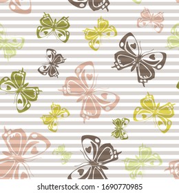 Flying creative butterfly silhouettes over striped background vector seamless pattern. Girlish fashion fabric print design. Lines and butterfly winged insect silhouettes seamless wrapping.