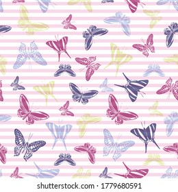 Flying creative butterfly silhouettes over striped background vector seamless pattern. Childish fashion textile print design. Lines and butterfly garden insect silhouettes seamless design.