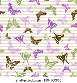 Flying creative butterfly silhouettes over striped background vector seamless pattern. Kids fashion textile print design. Stripes and butterfly winged insect silhouettes seamless design.