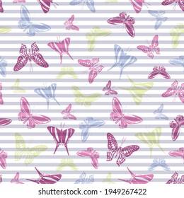 Flying creative butterfly silhouettes over horizontal stripes vector seamless pattern. Vintage fabric print design. Stripes and butterfly garden insect silhouettes seamless design.