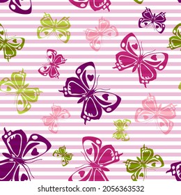 Flying creative butterfly silhouettes over horizontal stripes vector seamless pattern. Childish fashion fabric print design. Stripes and butterfly garden insect silhouettes seamless design.