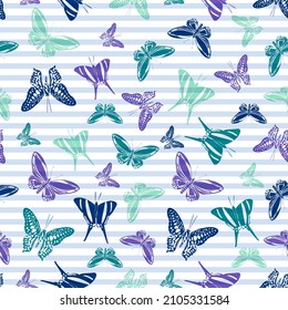Flying creative butterfly silhouettes over striped background vector seamless pattern. Baby clothing fabric print design. Stripes and butterfly winged insect silhouettes seamless wallpaper.