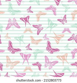 Flying creative butterfly silhouettes over striped background vector seamless pattern. Vintage textile print design. Stripes and butterfly winged insect silhouettes seamless pattern.