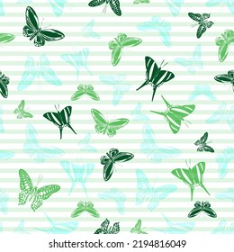 Flying creative butterfly silhouettes over horizontal stripes vector seamless pattern. Childish fashion fabric print design. Stripes and butterfly winged insect silhouettes seamless design.