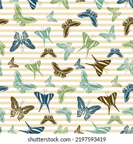 Flying creative butterfly silhouettes over striped background vector seamless pattern. Vintage fabric print design. Stripes and butterfly garden insect silhouettes seamless wrapping.