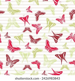 Flying creative butterfly silhouettes over horizontal stripes vector seamless pattern. Cartoon fabric print design. Lines and butterfly winged insect silhouettes seamless design.