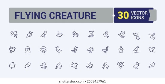 Flying Creature linear icon collection. Contains such icons as sparrow, wren, beak, wild, flying, wing, animal and more. Thin UI icon design. Vector outline icons collection.