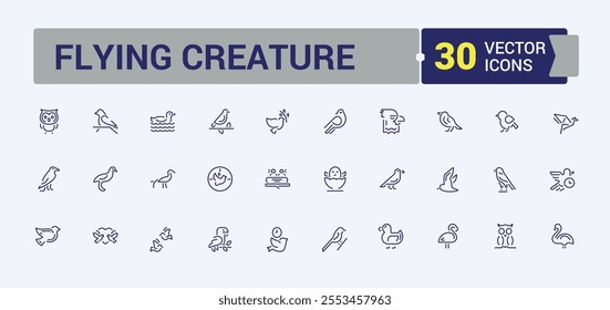 Flying Creature linear icon collection. Contains such icons as sparrow, wren, beak, wild, flying, wing, animal and more. Thin UI icon design. Vector outline icons collection.