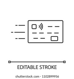 Flying credit card linear icon. Thin line illustration. Fast cashless payment. Quick money transaction. Contour symbol. Vector isolated outline drawing. Editable stroke