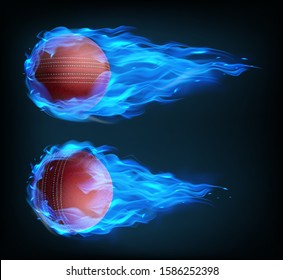 Flying cricket ball in blue fire isolated on black background. Vector realistic stitched leather ball in plasma flame with sparks. Template for poster, banner for the match of sport tournament