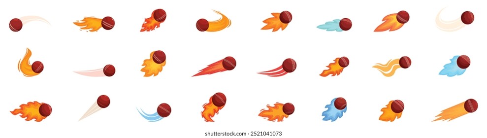 Ícones voadores de bola de cricket definidos. Conjunto de bolas de críquete de desenhos animados voando pelo ar com trilhas de fogo seguindo atrás