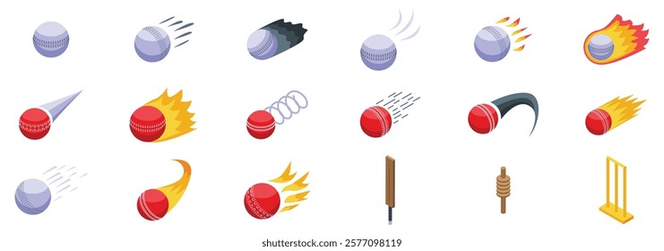  Flying cricket ball icons set. Cricket ball moving with fire, smoke and wicket and bat icons set isometric view