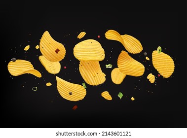 Flying crispy ripple potato chips with onion and spices flavor, vector realistic snacks food. Baked or ribbed potato chips splash explosion with taste of salt, green onion and hot chili pepper