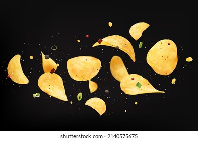Flying crispy wavy potato chips with onion and spices. Vector realistic snack food, 3d crunchy salty crisps thin slices with salt, green onion, chili and ground pepper, chips on black background