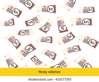 Flying croatian kuna banknotes. Money rain. Falling kuna