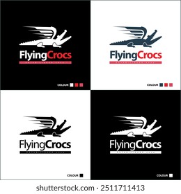 flying crocodile alligator wings silhouette logo set template design