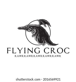 Flying Crocodile Logo Or Mascot With Vintage Line Art Style, Artistic And Slightly Whimsical Logo, Perfect For Clothing Logos Etc