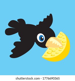 Flying Crow With Cheese In Its Beak. Vector Scalable Color Drawing.