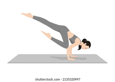 Flying Crow Pose. Beautiful girl practice Flying Crow Pose. Young attractive woman practicing yoga exercise. working out, black wearing sportswear, grey pants and top, indoor full length, calmness