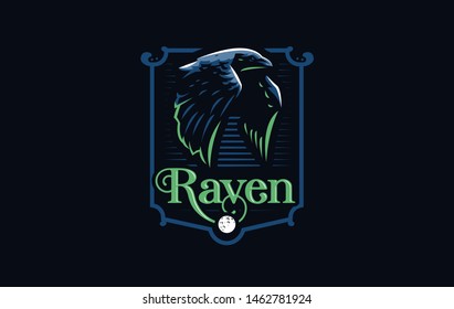 Flying crow or raven bird in minimalist style. Vector illustration.