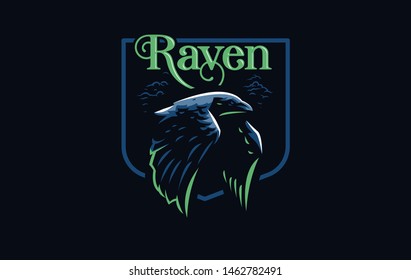 Flying crow or raven bird in minimalist style. Vector illustration.