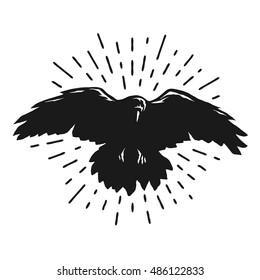 Flying crow silhouette. Sign, symbol.