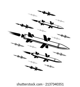 Flying Cruise Missiles. Massed Missile Strike Vector Black Military Illustration.