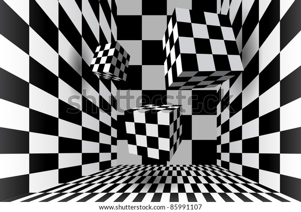 市松模様の部屋で立方体を飛ばす のベクター画像素材 ロイヤリティフリー
