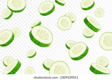 Flying cucumber pieces. Falling cucumber slice isolated on white background, selective focus. Realistic 3d vector illustration