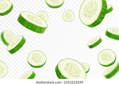 Piezas de pepino volador. Reduciendo la rebanada de pepino aislada sobre fondo blanco, enfoque selectivo. Ilustración vectorial 3d realista