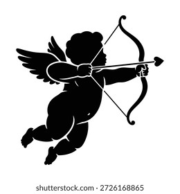 Flying cupido apuntando arco y flecha con la punta del corazón. Símbolo de amor. Gráfico de Vector en blanco y negro.
