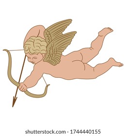Flying Cupid or Amur with bow and arrow. Winged baby god of love Eros. Isolated vector illustration. 
