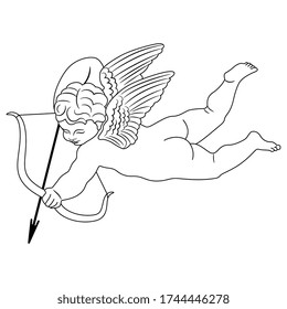 Flying Cupid or Amur with bow and arrow. Winged baby god of love Eros. Black and white linear silhouette. Isolated vector illustration. 