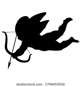 Flying Cupid or Amur with bow and arrow. Winged baby god of love Eros. Black silhouette on white background. Isolated vector illustration.