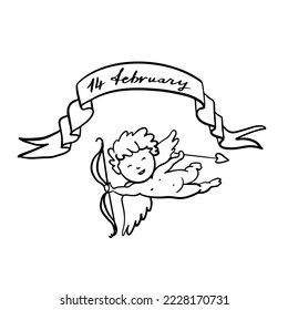 Flying Cupid or Amur with bow and arrow. Winged baby god of love Eros. Hand drawn linear doodle ink sketch. Isolated vector illustration.