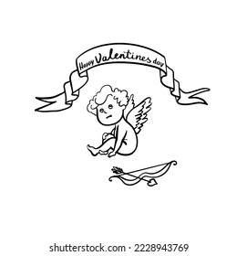 Flying Cupid or Amur with bow and arrow. Winged baby god of love Eros. Hand drawn linear doodle ink sketch. Isolated vector illustration.