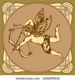 Flying Cupid With Bow And Arrow In An Elegant Vintage Frame. Sketch. Vector Illustration