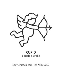 Flying cupid with bow and arrow line icon. Valentine's Day symbol. Editable stroke. Vector illustration.