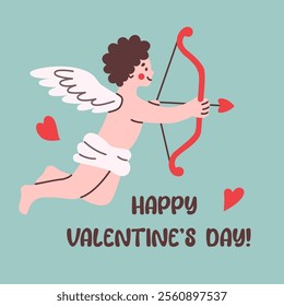 Flying cupid with bow and arrow, surrounded by hearts and Happy Valentine's Day text, in flat style. Perfect for Valentine's Day cards, posters, and social media designs.