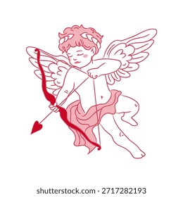 Cupido volador con arco y flechas. Carácter mítico lindo, ángel del amor. Vector doodle para el día de San Valentín